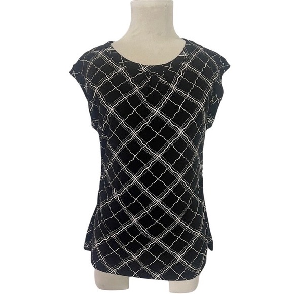 Tahari Women's Black Grid Print Cap Sleeve Blouse Top Career Casual Size Medium - Picture 1 of 6